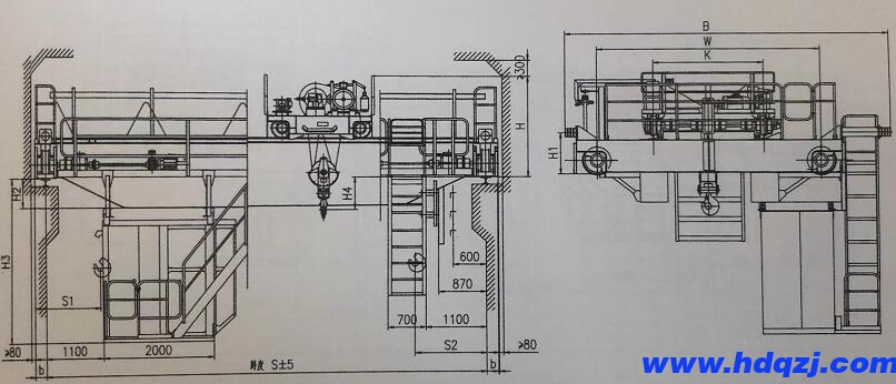 QD型吊鉤橋式起重機(jī)結(jié)構(gòu)技術(shù)參數(shù)圖 QD型吊鉤橋式起重機(jī)結(jié)構(gòu)技術(shù)參數(shù)圖